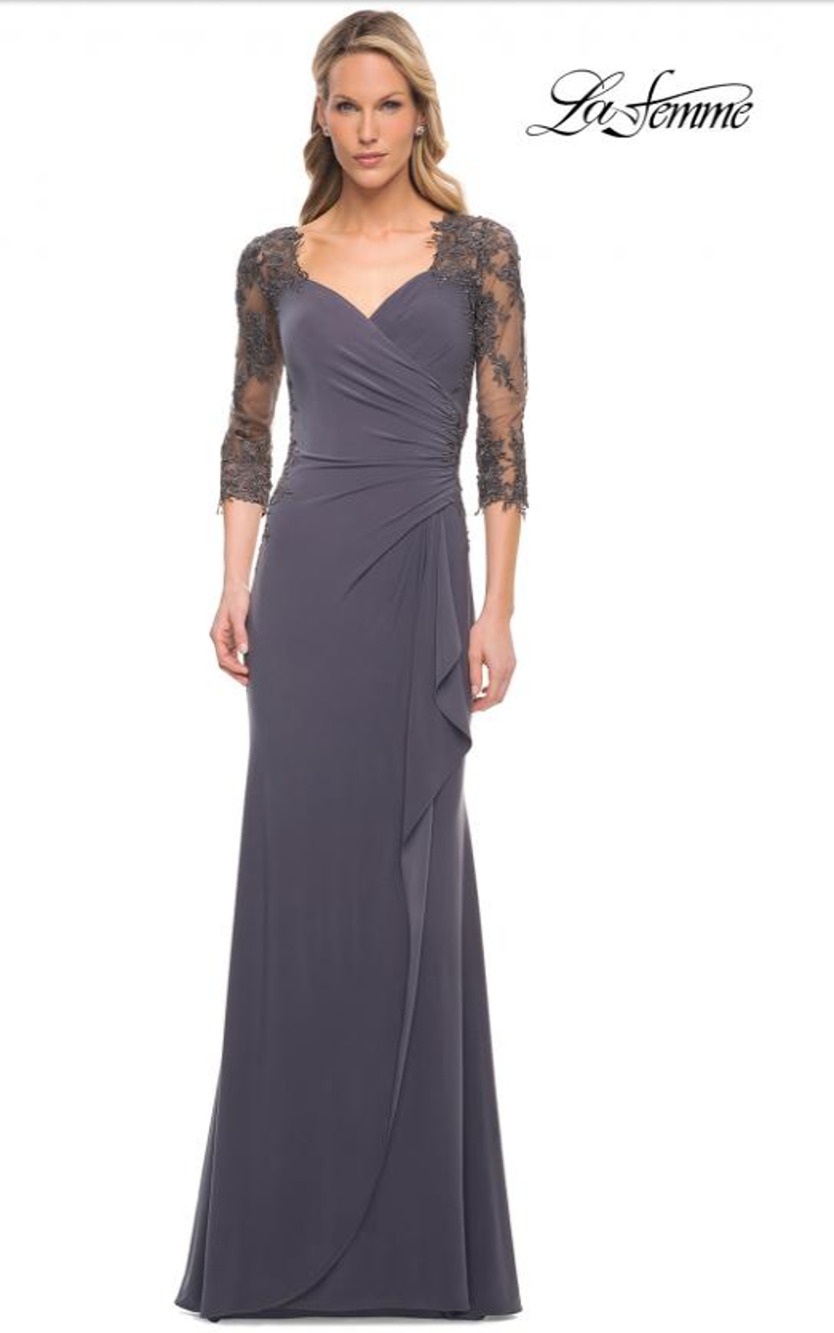 LA FEMME 30384 Ruched Twist Column Gown Size 12 Gunmetal Lace Net Jersey NWOT